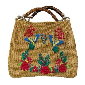NWT Serpui Fancy Macaw Bird Tropical Woven Straw Handbag Bamboo Handle